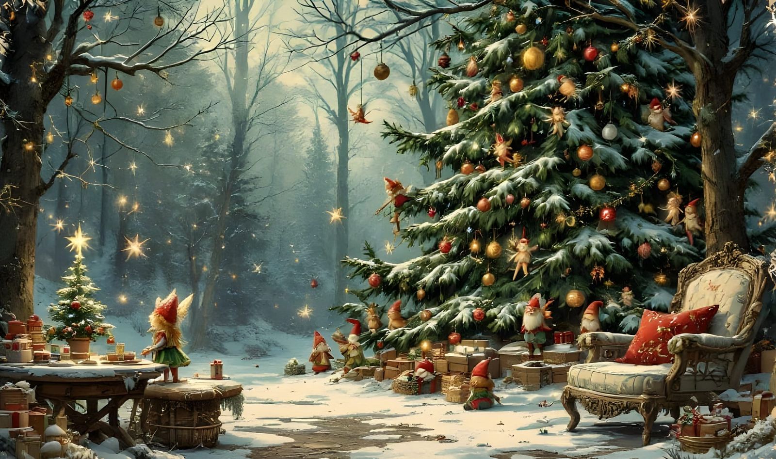 Festive Evergreen Tree Decorated by Fairies and Gnomes