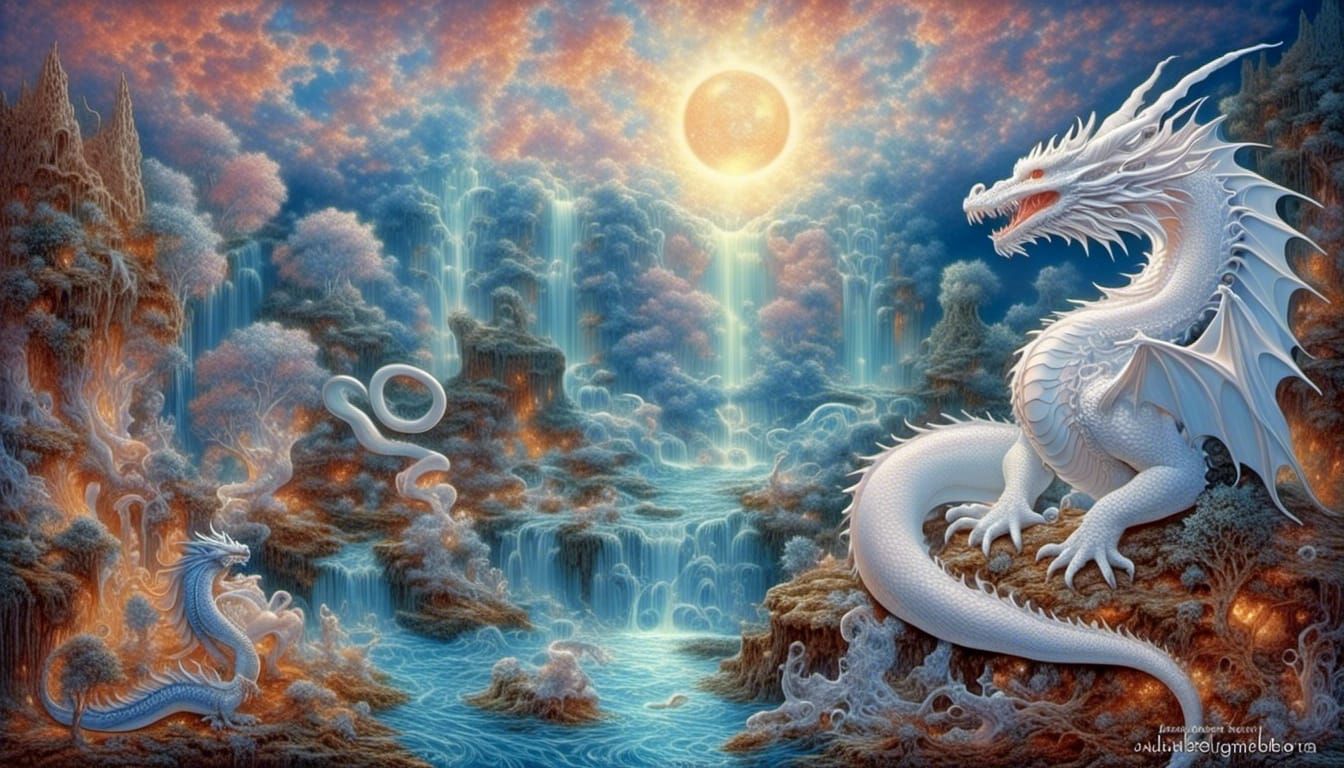 Psychedelic Dragon Soaring Over Waterfall in Abstract Style