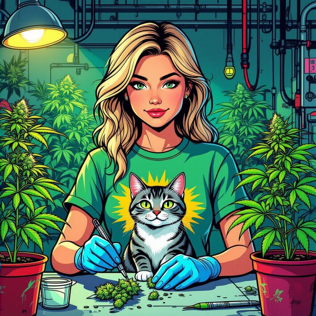 Girl and Cat in Cannabis Lab, Comic Book Style