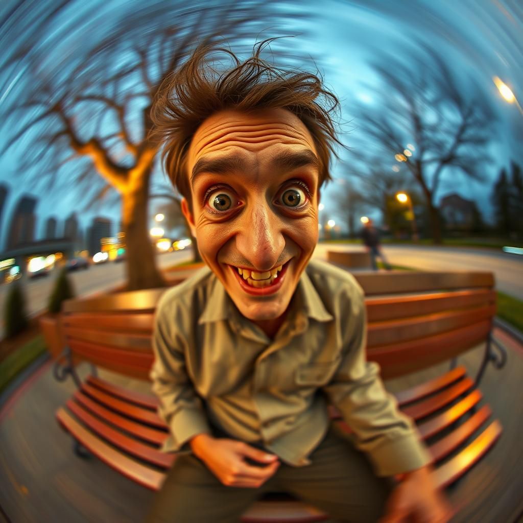 Surreal Fisheye View of Distorted Man on Bench