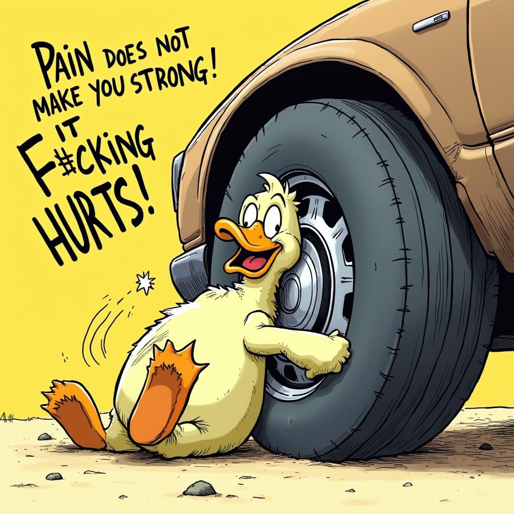 Humorous Cartoon Duck Suffering Under Comically Oversized Ca...