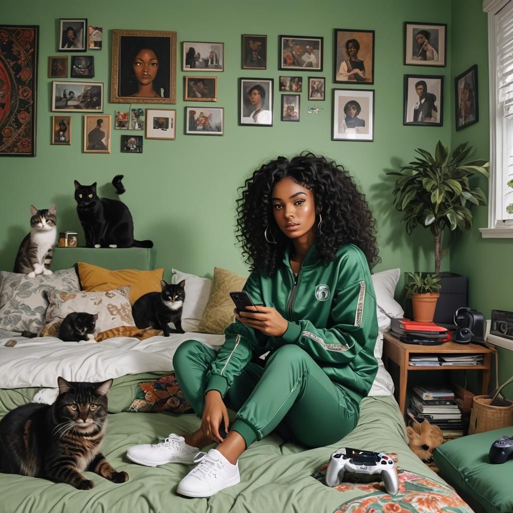 Anime Girl Gaming in Turkish Room with Cats