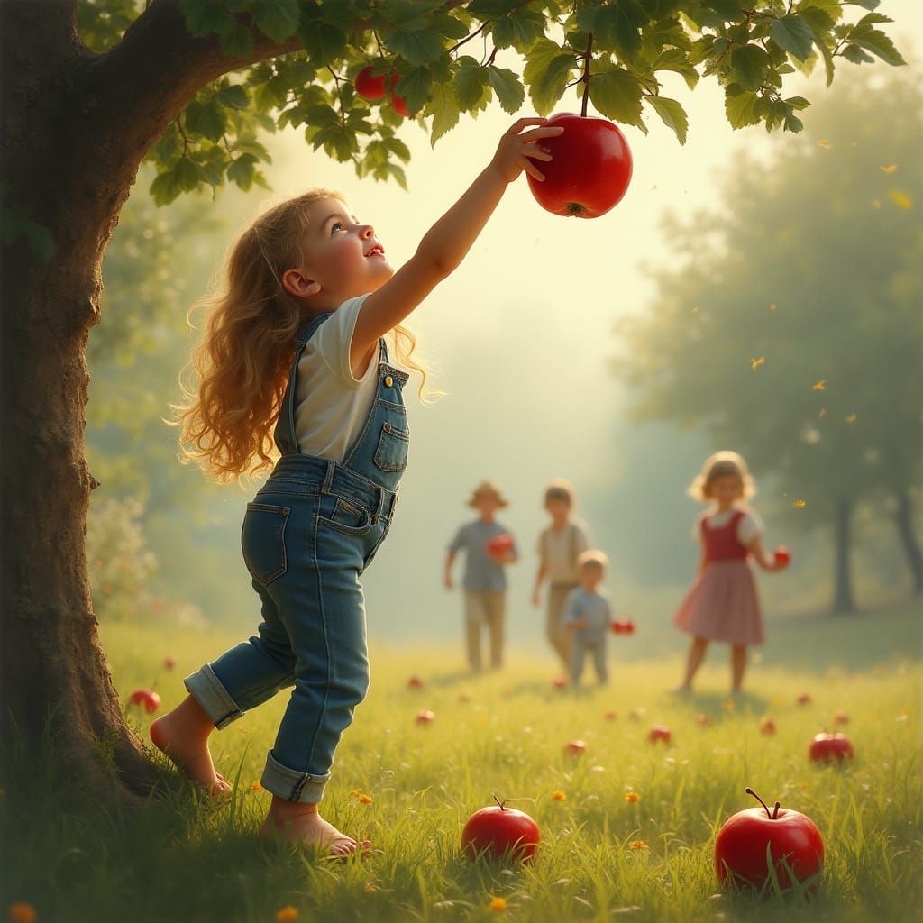 Girl Reaches for Apple in Kinkade-Inspired Orchard