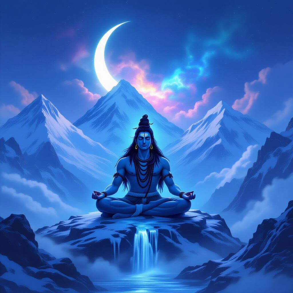 Lord Shiva Meditating on Mount Kailash in Digital Painting S...