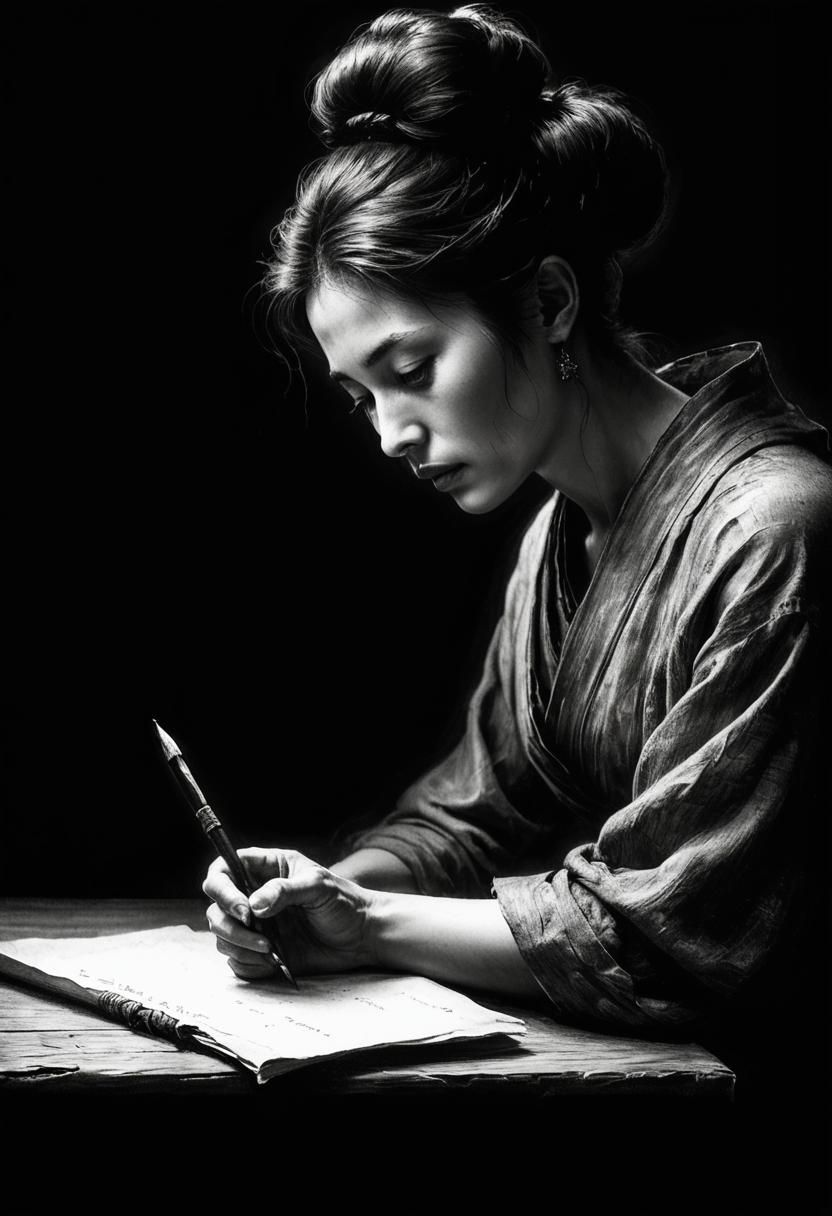 Woman Writing on Scroll with Brush in Golden Light
