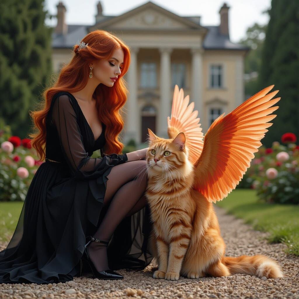 Ginger Winged Cat Beside Goddess in Georgian Mansion