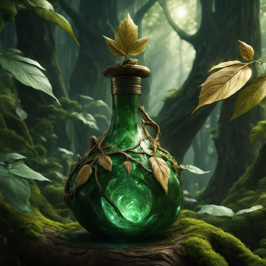 Enchanted Green Potion with Golden Veins in Forest Light