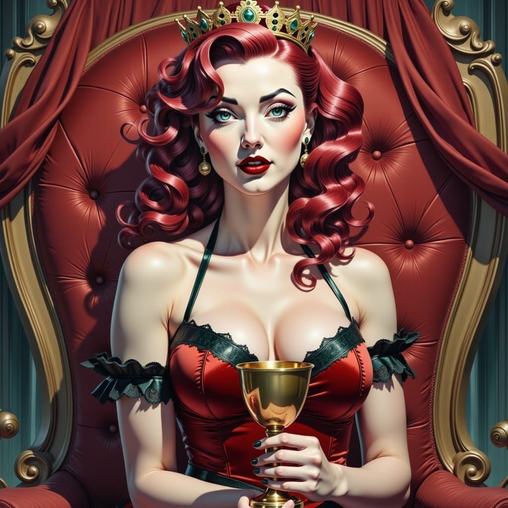 Majestic Queen with Crimson Hair, Anime Style