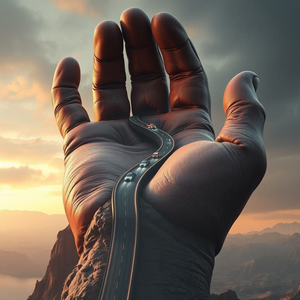 Gargantuan Hand Rises from the Earth in Hyperrealistic Surre...