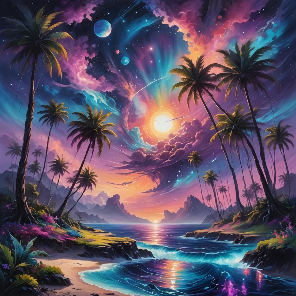 Surreal Ocean Landscape with Kaleidoscopic Sky