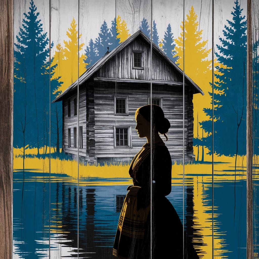 Ukrainian House and Woman Silhouette in Double Exposure