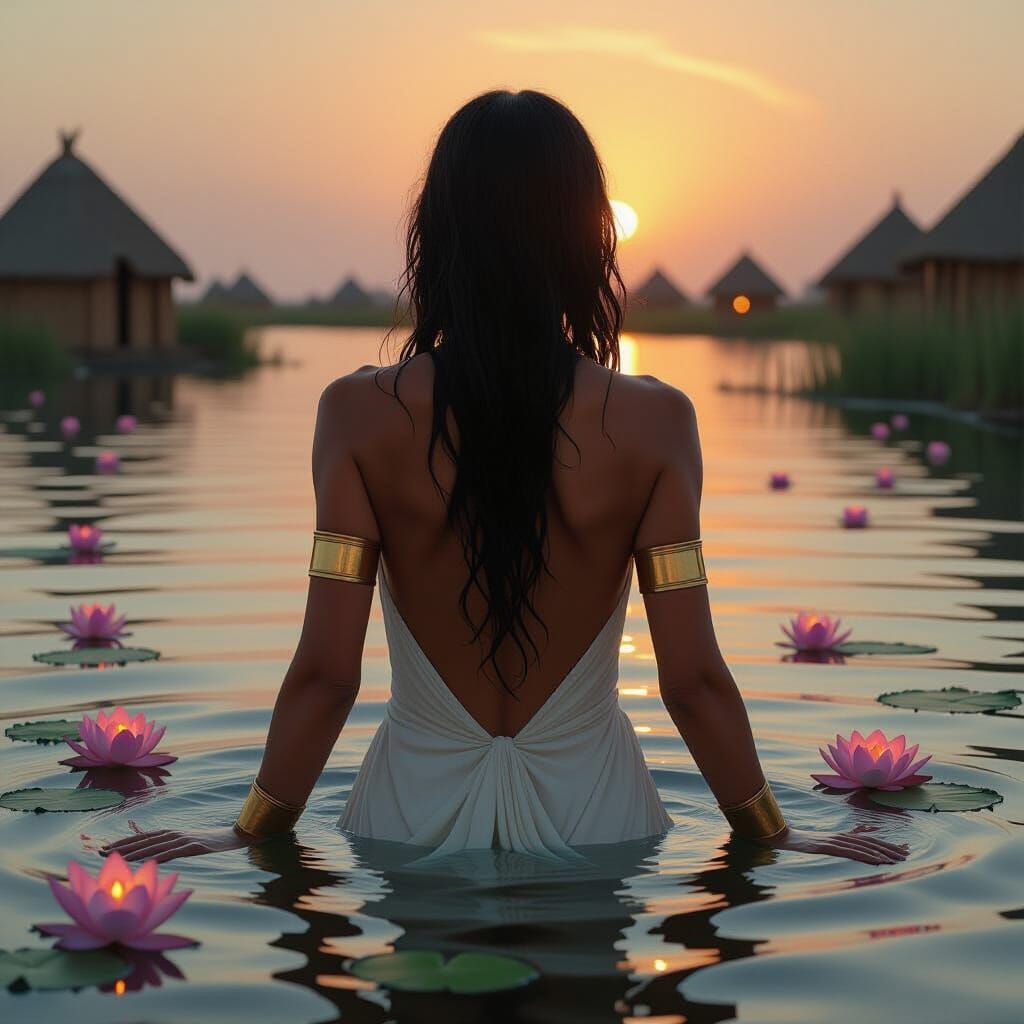 Nile Woman Emerges at Twilight in Art Nouveau Style