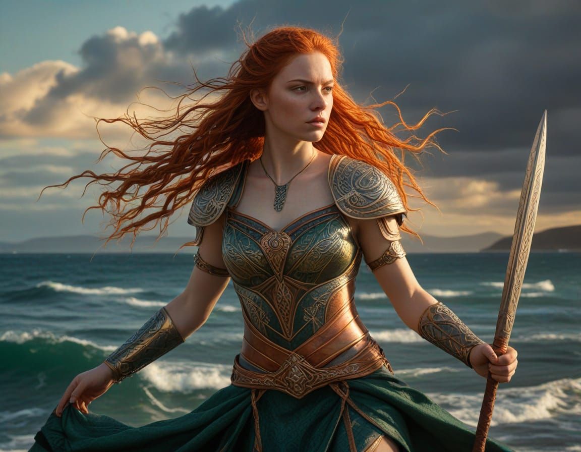 Celtic Goddess Strides Forward in Golden Light