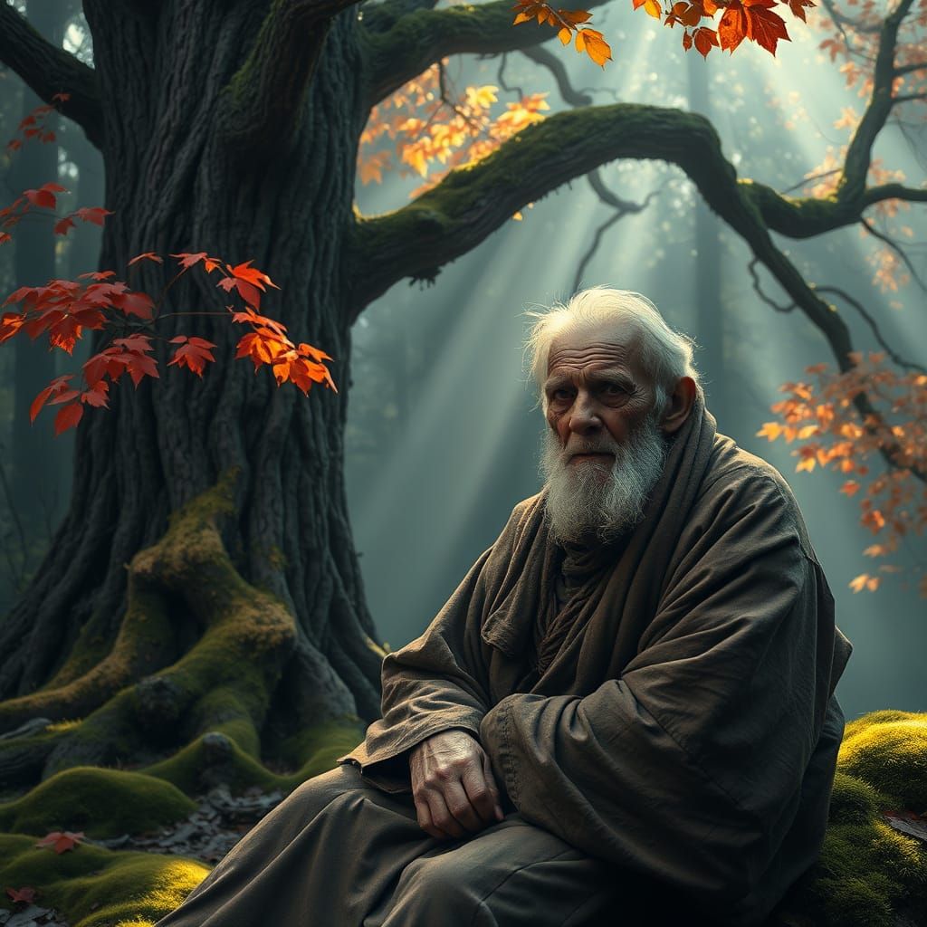 Elderly Man by Luminous Ancient Tree in Autumn Forest