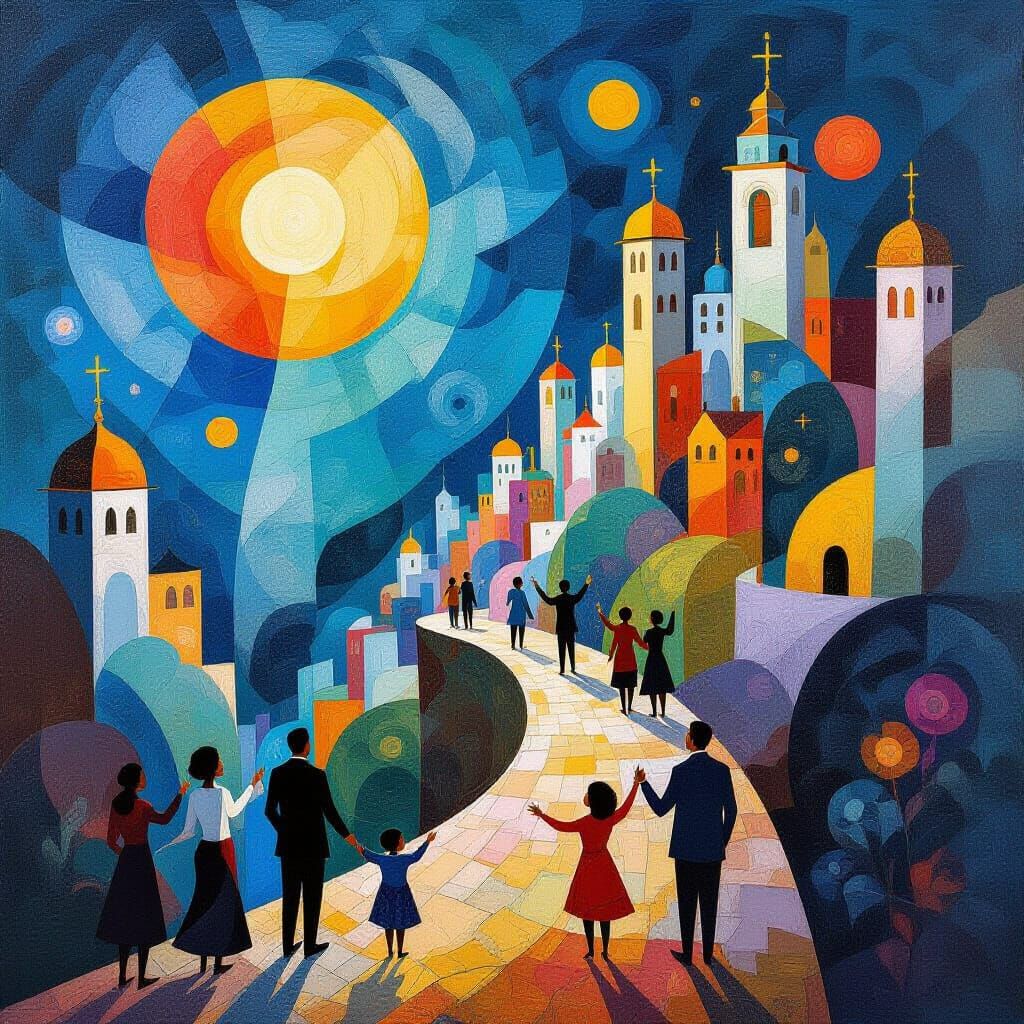 Surrealist Cityscape Painting of Diverse People Building Har...