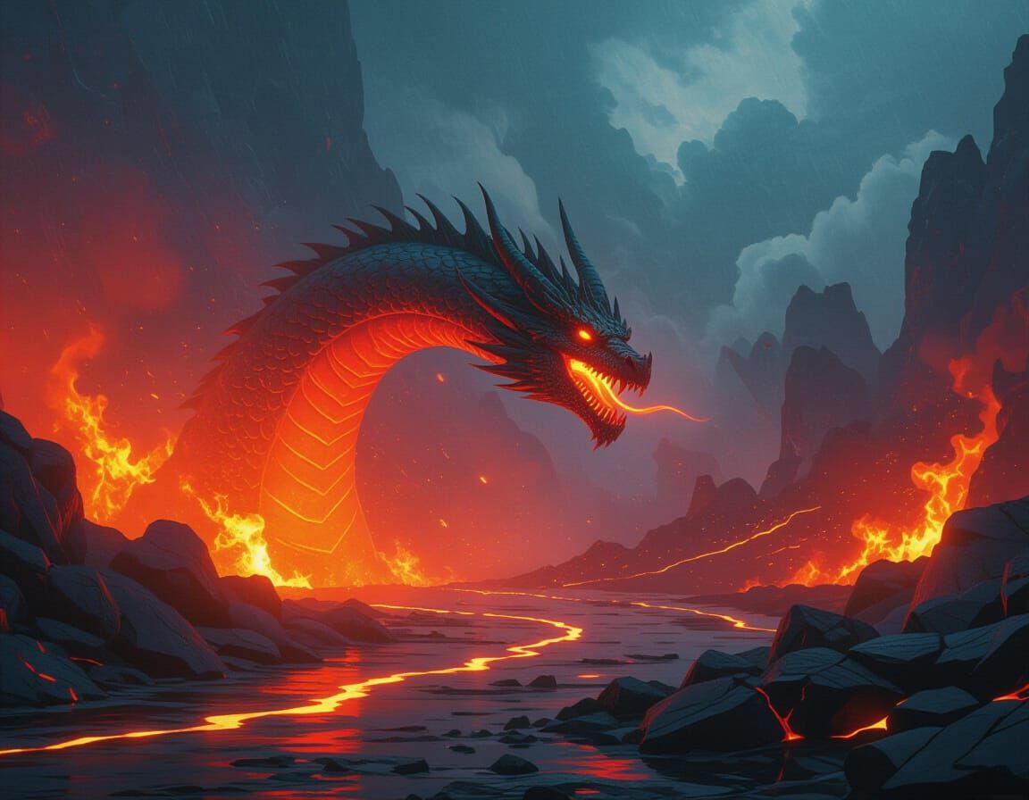 Epic Dragon Emerges from Lava River