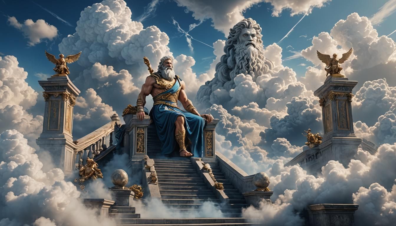 Zeus on Cloudy Stairs: Realistic Fantasy Art