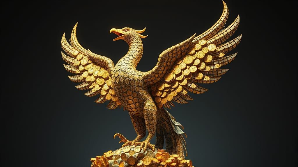 Golden Phoenix Sculpture Rises from Minimalist Void