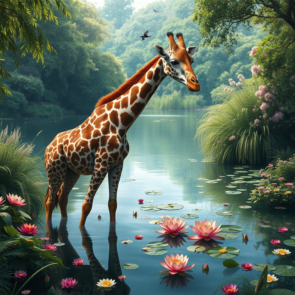 Majestic Giraffe Surrounded by Vibrant Blooming Pond