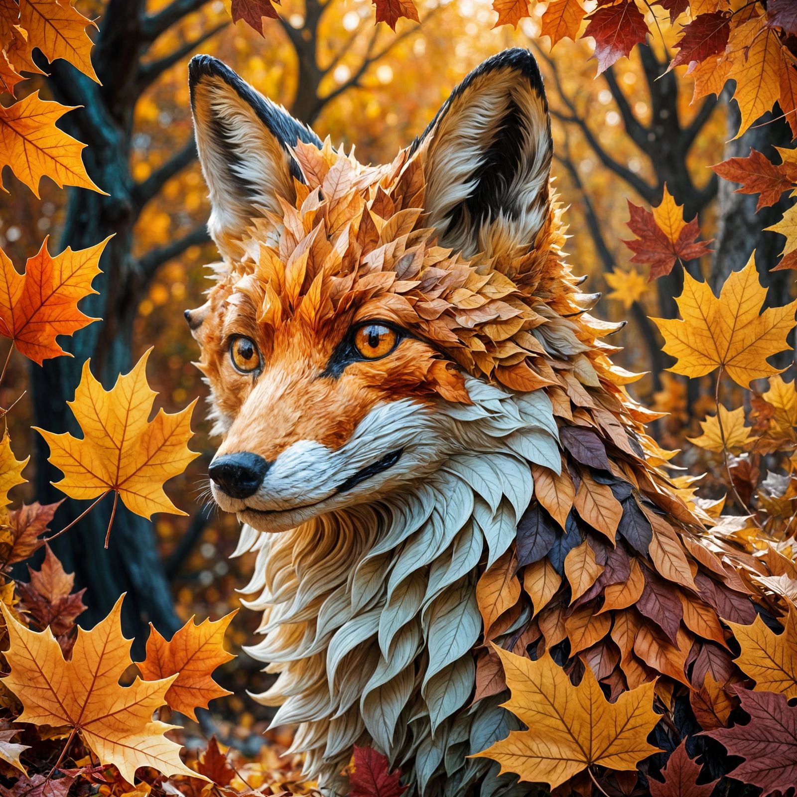 Fox Sculpted from Autumn Leaves and Wind