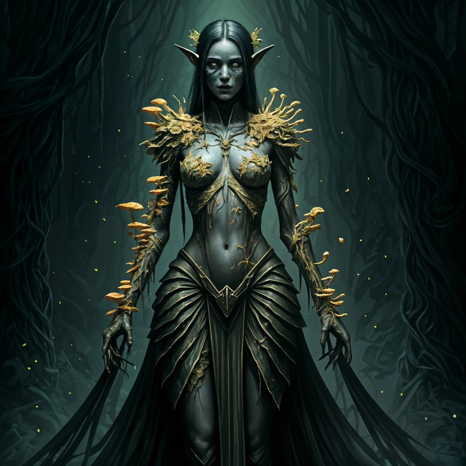 Decaying Dark Elf Overtaken by Bioluminescent Fungi