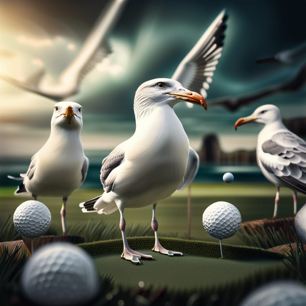 Hyperrealistic Seagulls Play Golf in Cinematic Style