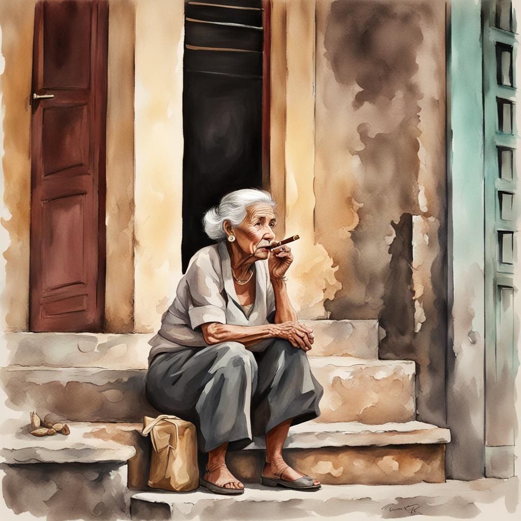 An old lady smoking a cigar while sitting on the step of a building on an old cuban street with a few 50's cars in muted...