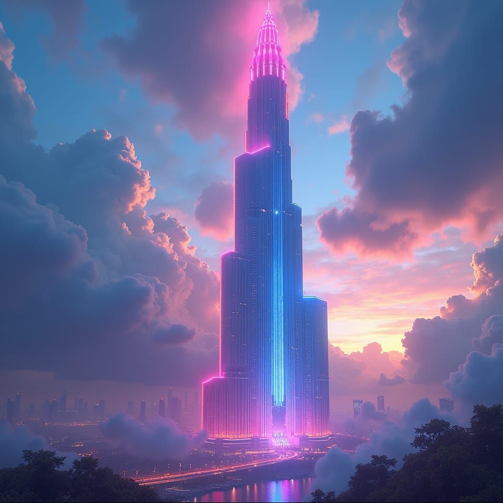 Majestic Pink and Blue Skyscraper in Mystical Cityscape