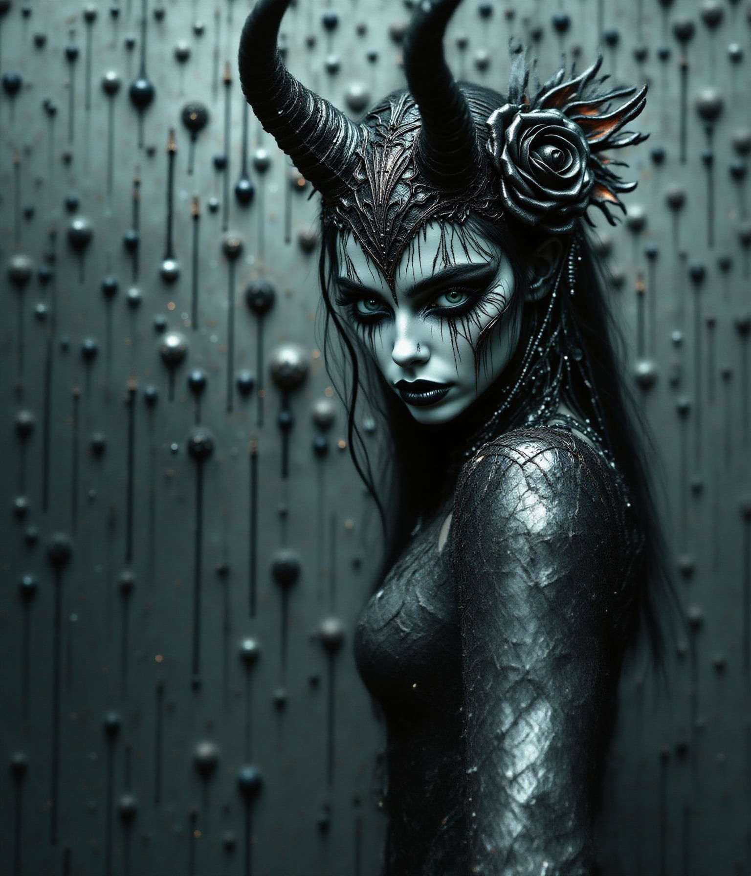 Chrome Queen Portrait with Runic Tattoos