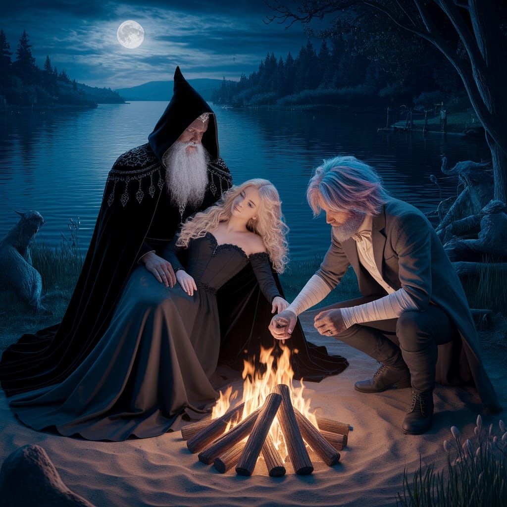 Dark Wizard Sits by Moonlit Lake with Sleeping Beauty