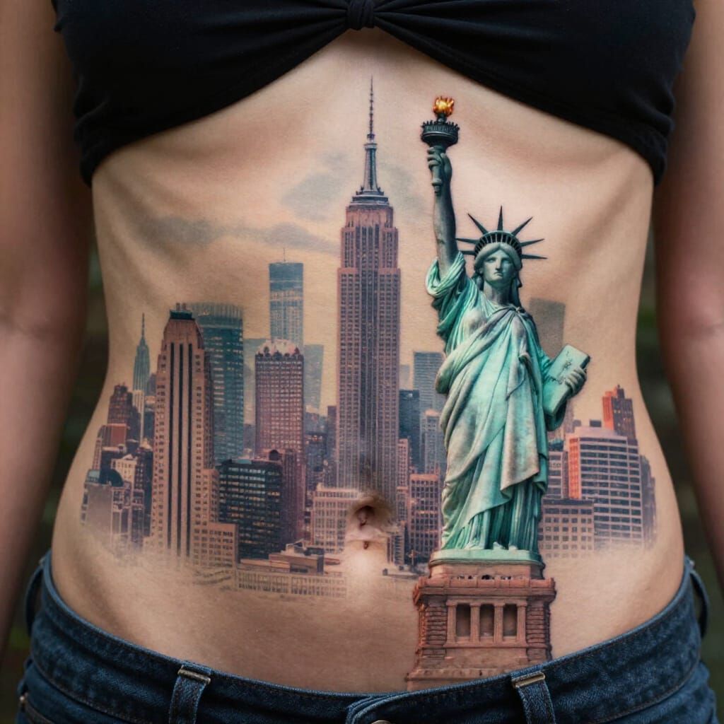 NYC Skyline Tattoo Design on Woman's Stomach