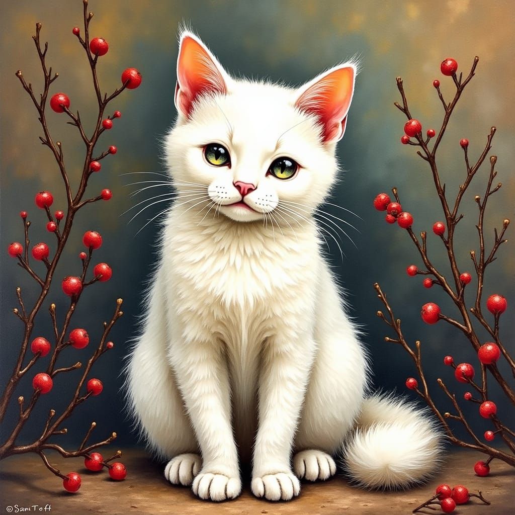 Cute White Cat in Sam Toft Style Oil Painting