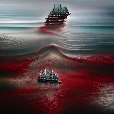 Ghost Ship Sailing on Blood Red Ocean