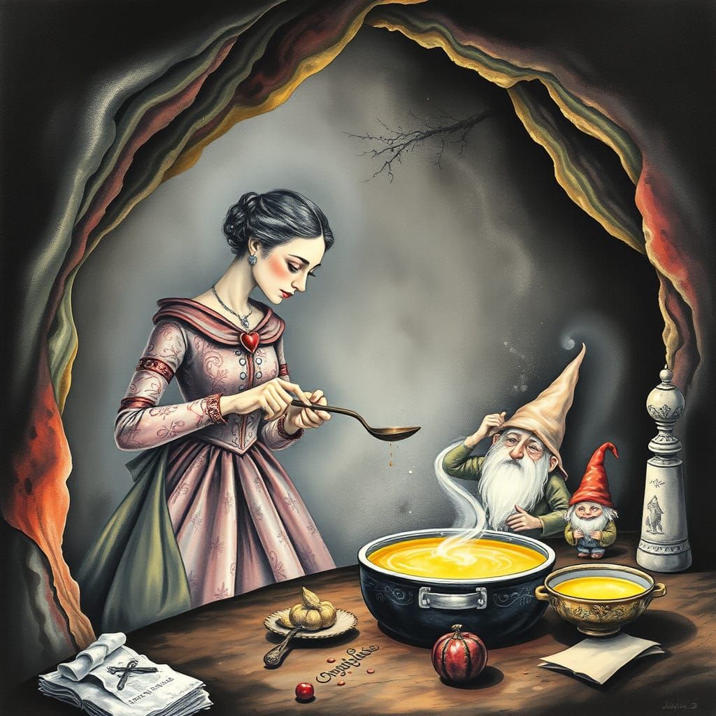 Surreal Woman Cooking Magic Soup in Cave, Matte Oil