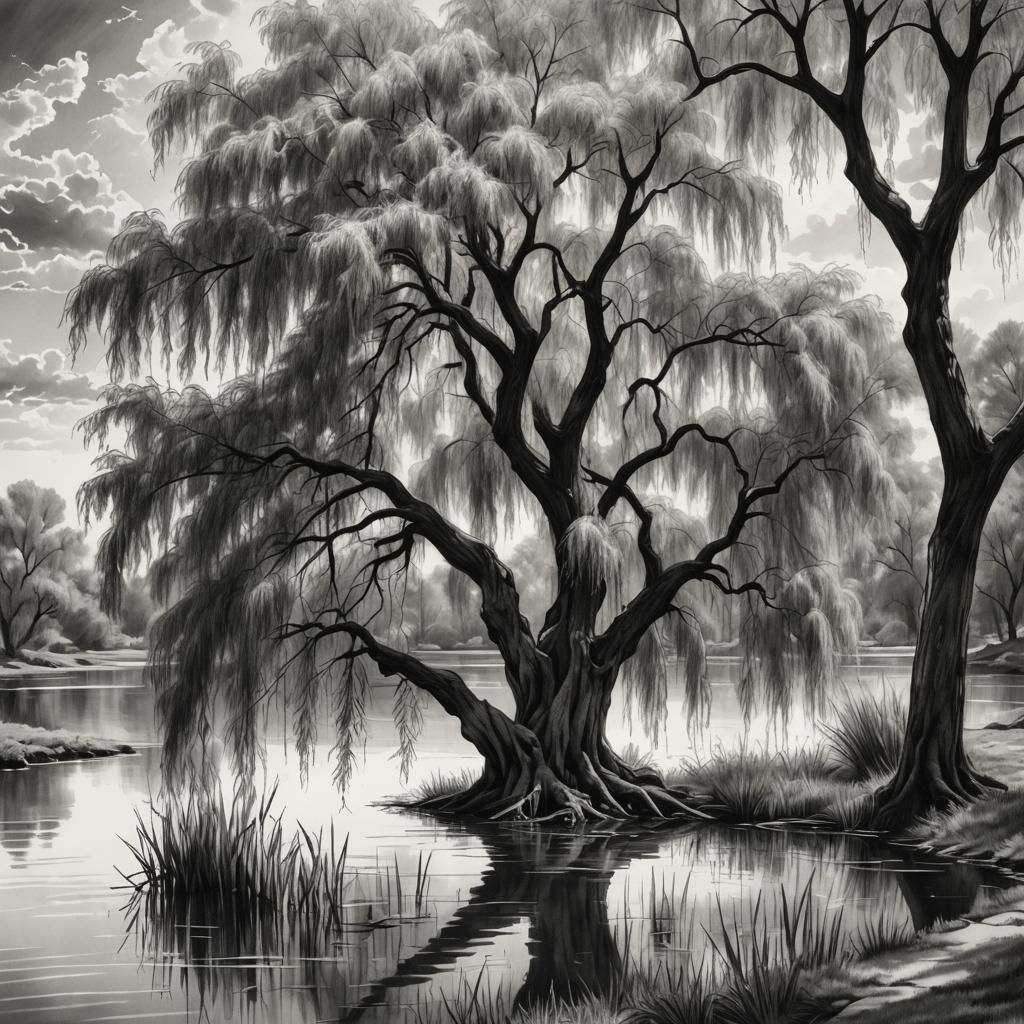 Weeping Willow Tree Sketch in Black and White