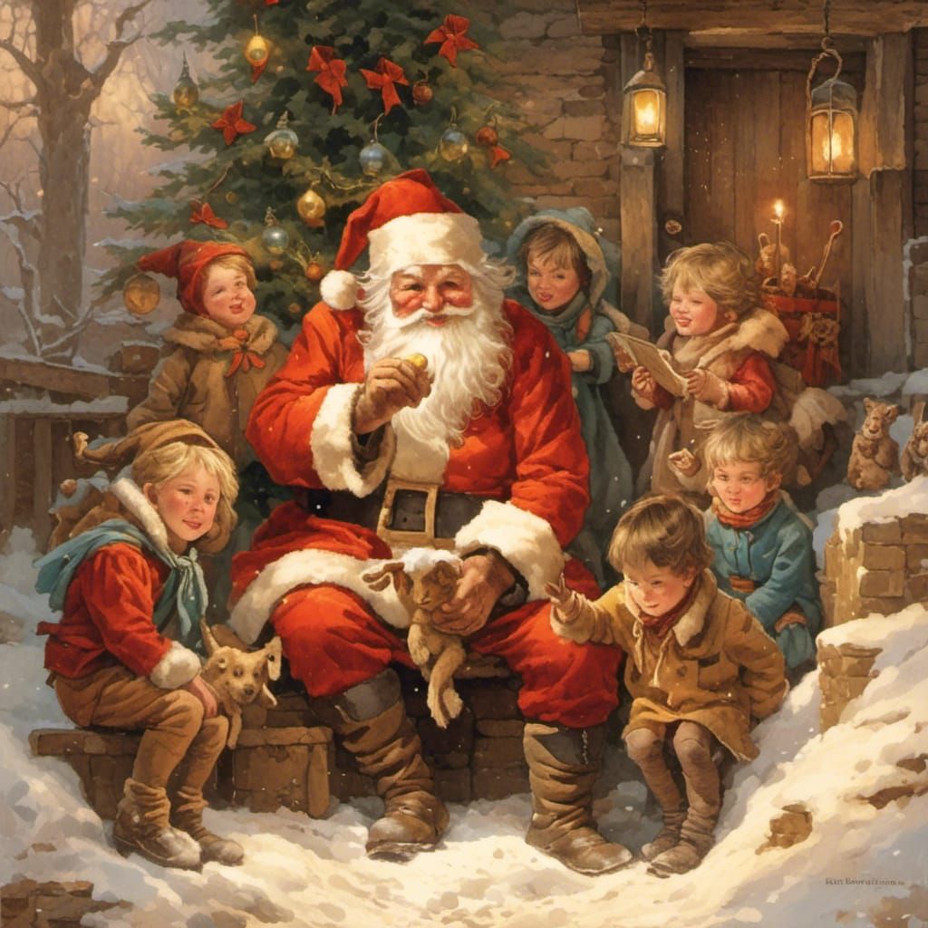 Santa Claus Surrounded by Children in Warm Colors