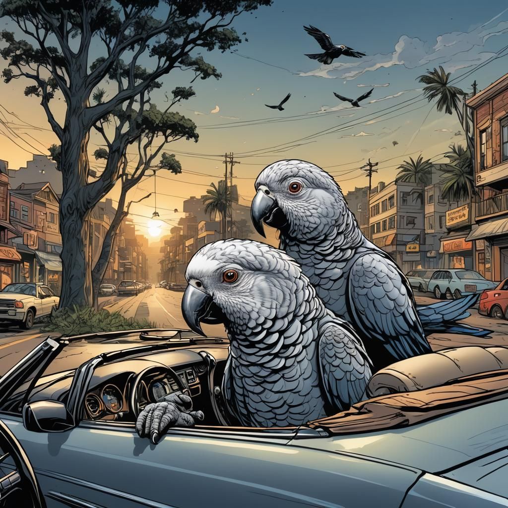 African Grey Parrot Drives a Convertible: Comic Book Art