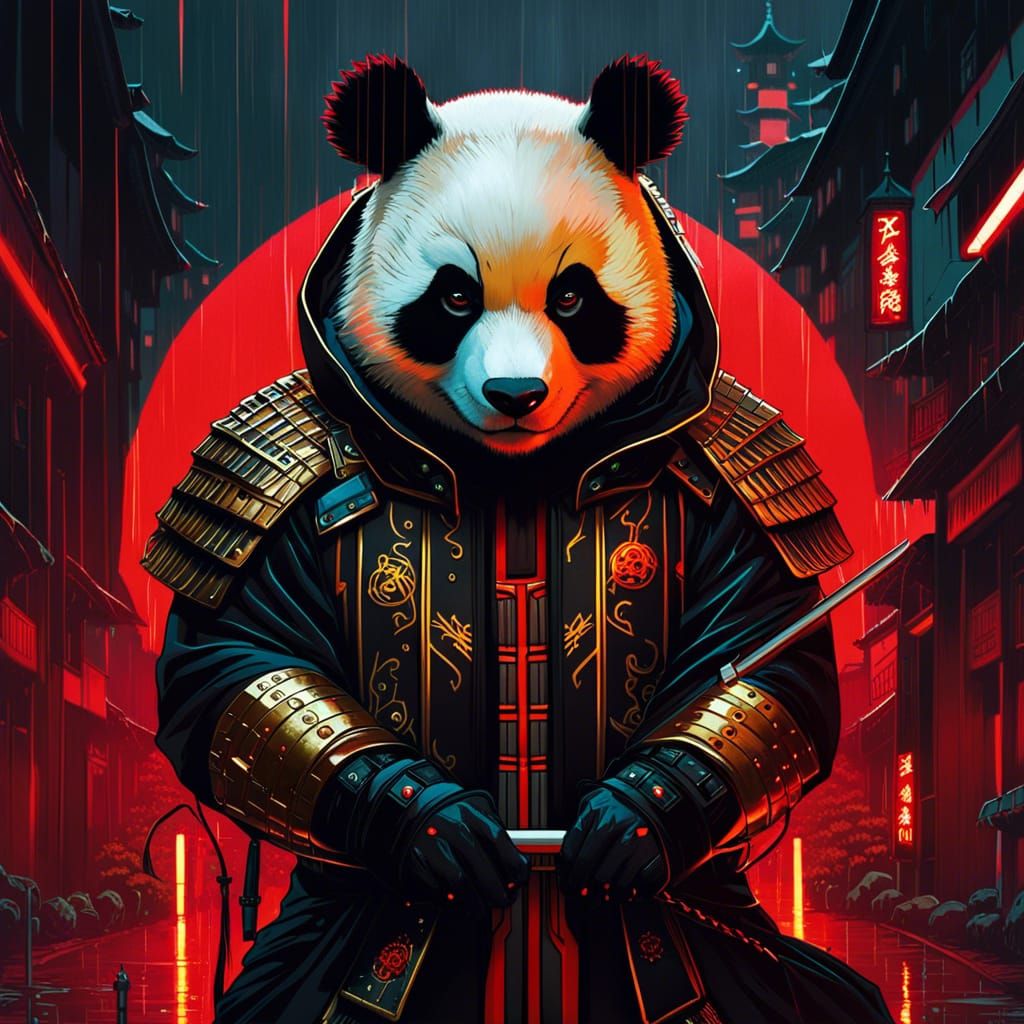 Cyberpunk Panda Samurai in the Rain