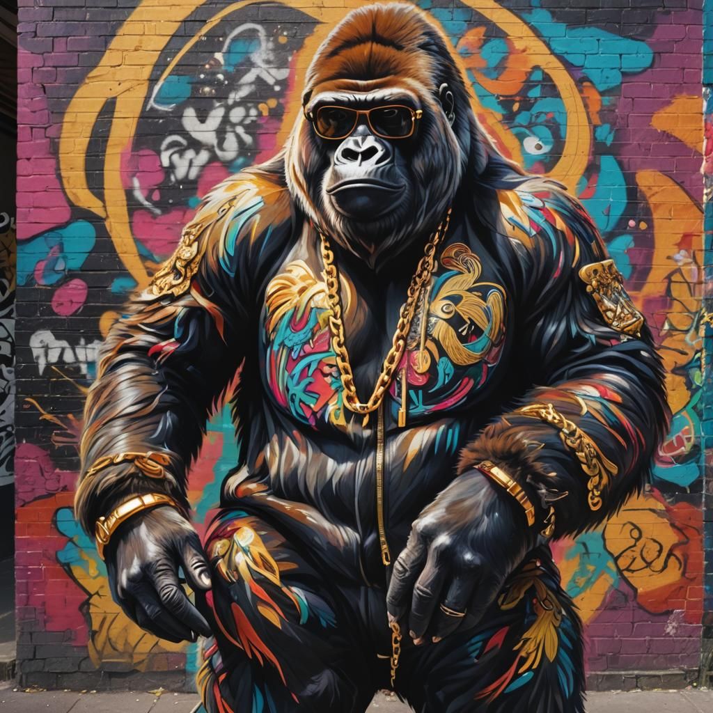 Gorilla in Street Art Style with Gold Chain