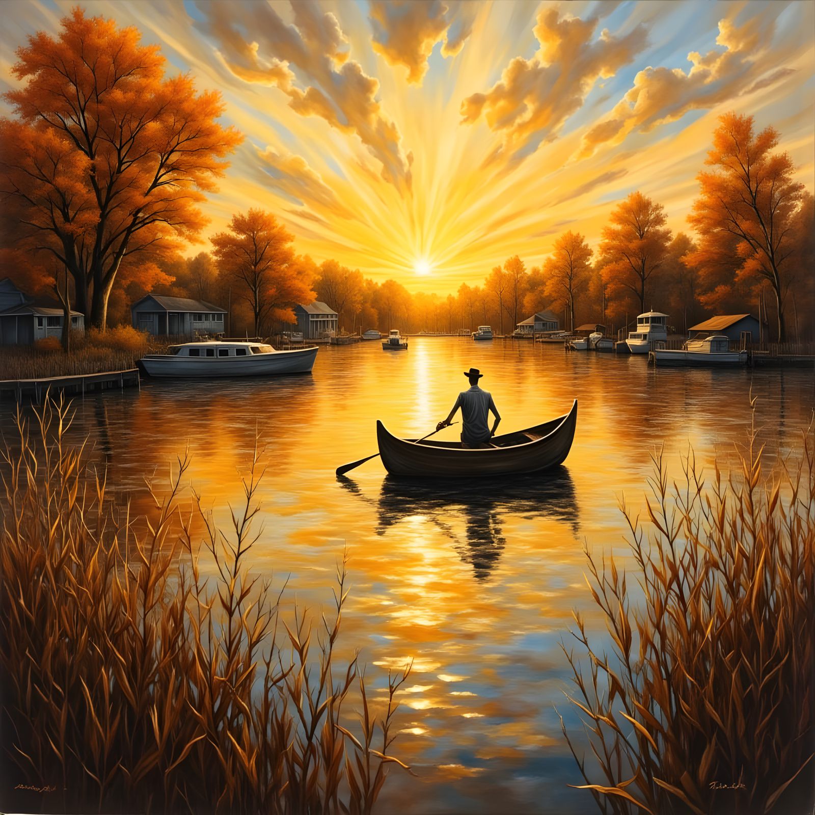 Ethereal Sunset River Scene with Harbor in Impasto Oil Paint...