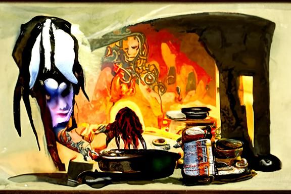 Lady of Pain Cooks Breakfast: Impressionistic Planescape Art
