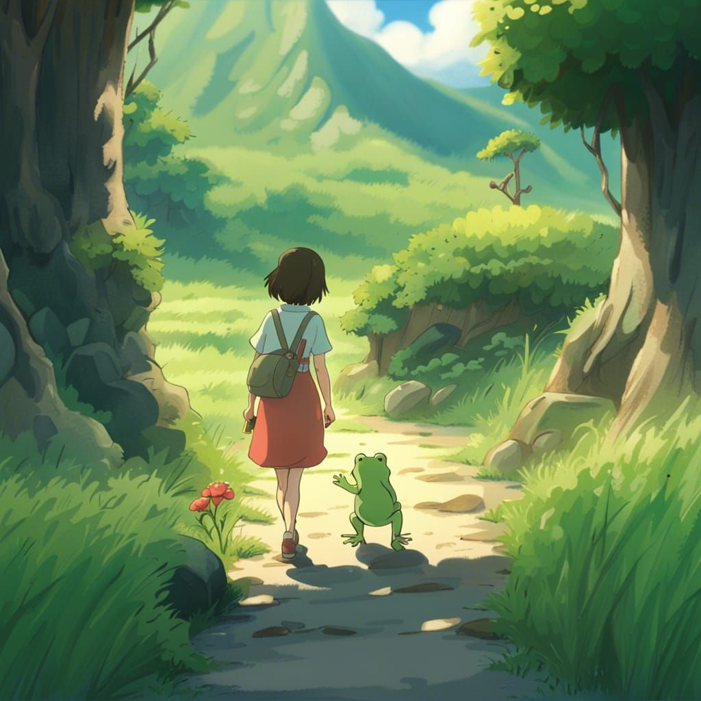 Girl and Frog in Studio Ghibli Anime Style