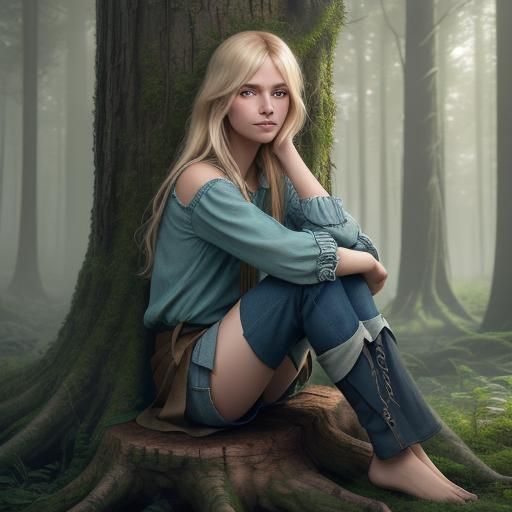 Blonde Girl in Forest: Fantasy Digital Art