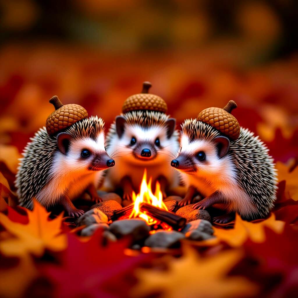 Hedgehog Family Enjoys Autumn Campfire in Enchanting Style