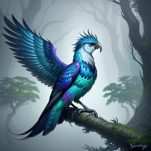 Iridescent Occamy in Misty Forest: Digital Painting