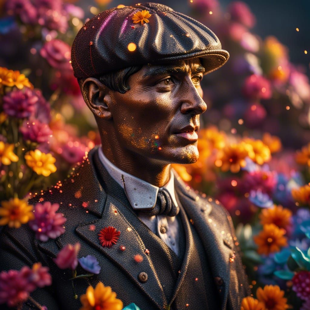 Thomas Shelby Bronze Statue with Colorful Flowers