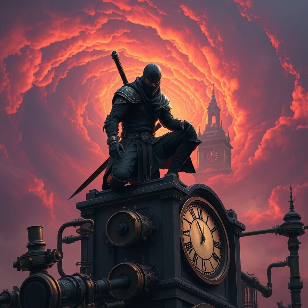 Ethereal Steampunk Ninja Warrior Amidst Gothic Clock Tower