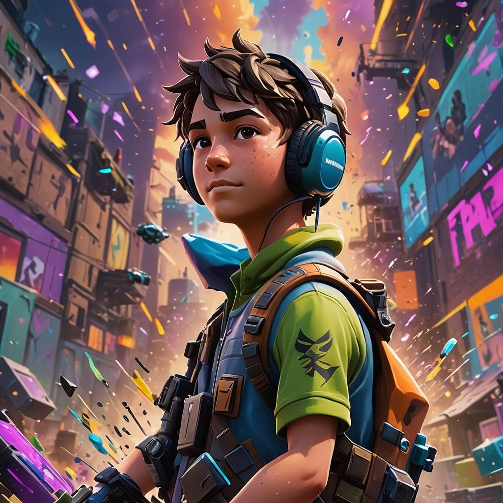 Boy Immersed in Fortnite: Hyperrealistic Concept Art