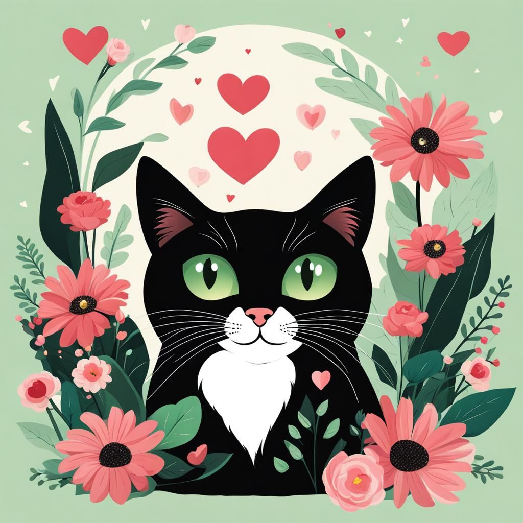 Cute Black Cat Surrounded by Flowers in Naive Art