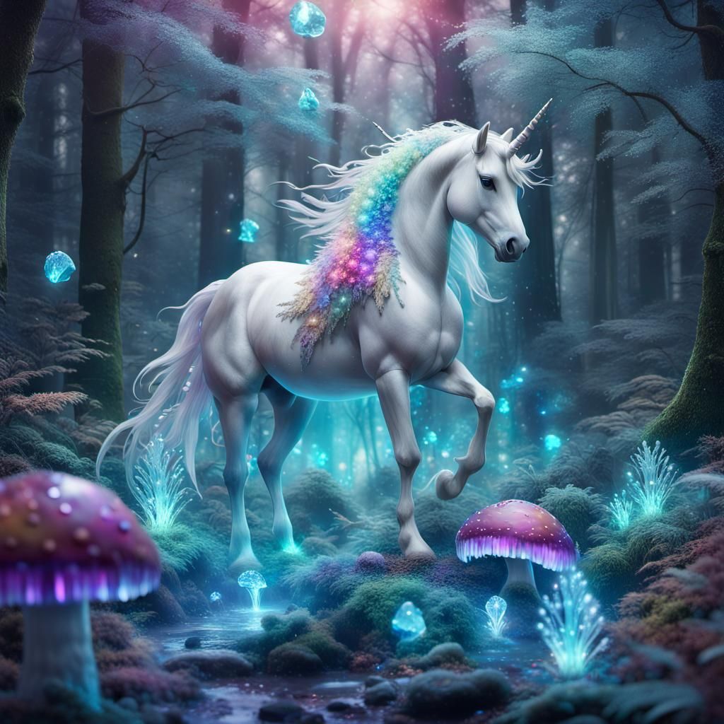 Bioluminescent Unicorn in Gem-Encrusted Forest